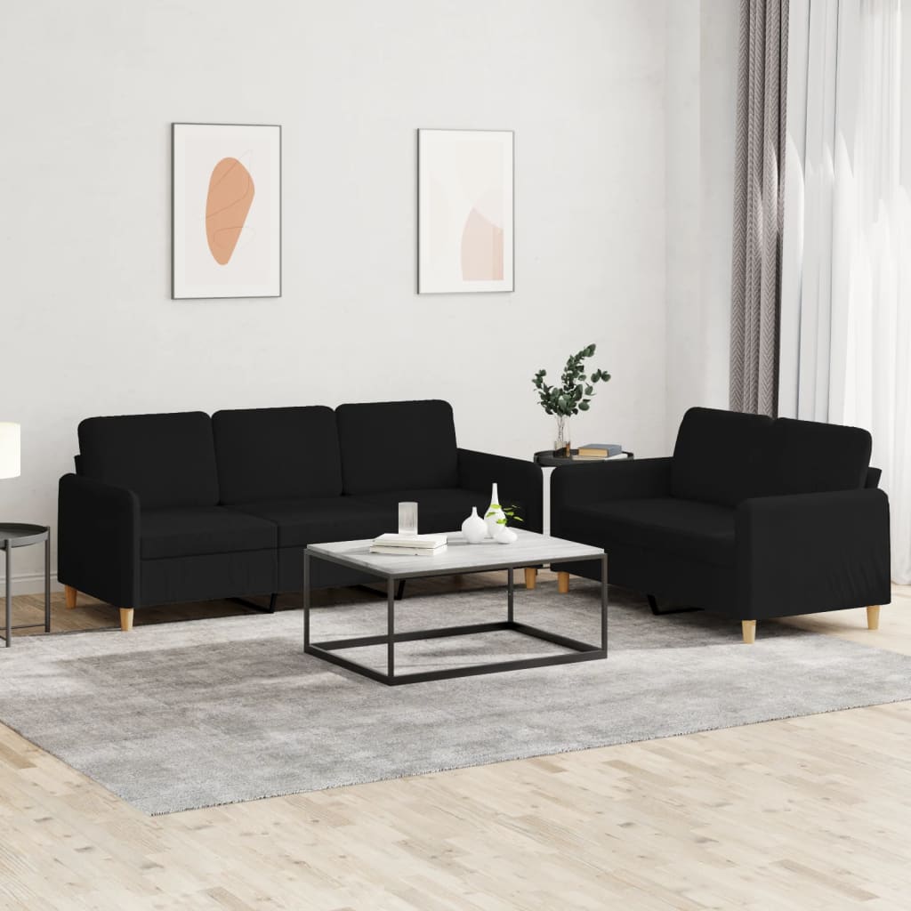 Set di Divani 2 pz con Cuscini Nero in Tessuto