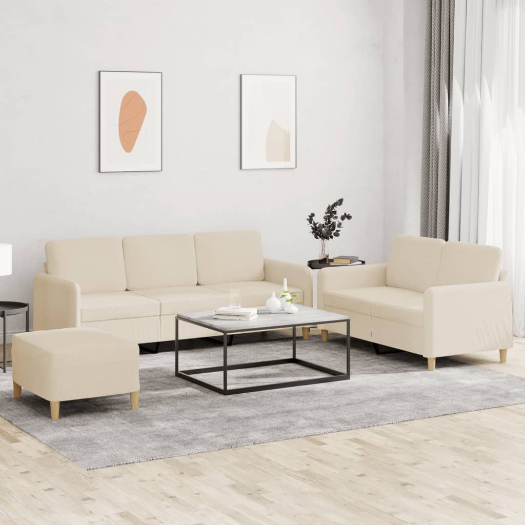 Set di Divani 3 pz con Cuscini Crema in Tessuto