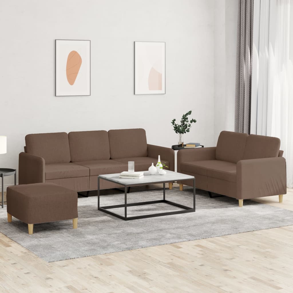 Set di Divani 3 pz con Cuscini Marrone in Tessuto