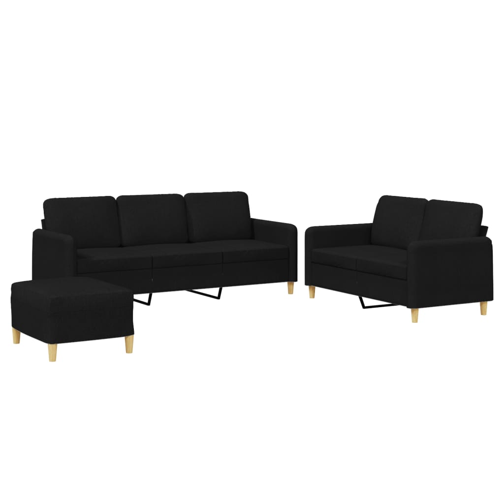 Set di Divani 3 pz con Cuscini Nero in Tessuto