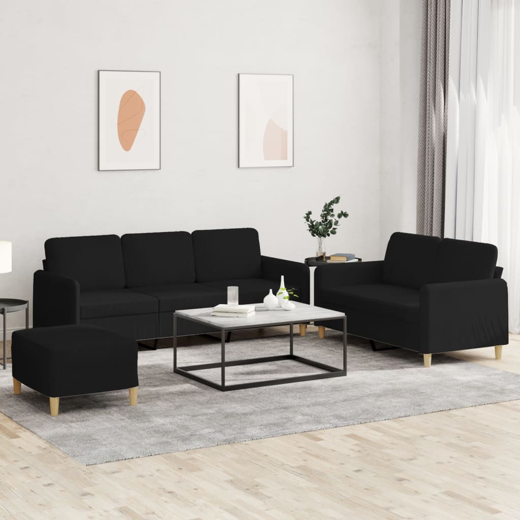 Set di Divani 3 pz con Cuscini Nero in Tessuto