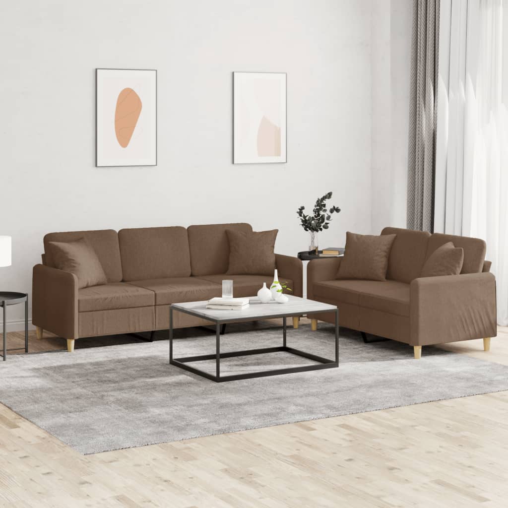 Set di Divani 2 pz con Cuscini Marrone in Tessuto