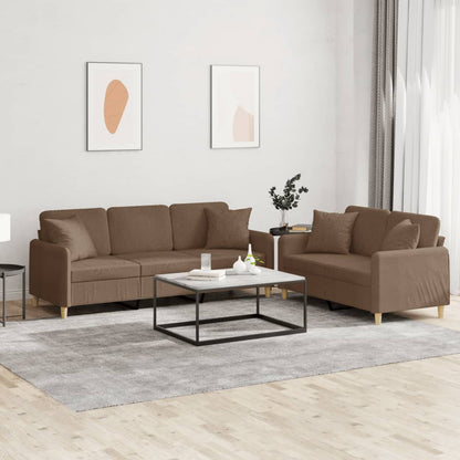 Set di Divani 2 pz con Cuscini Marrone in Tessuto
