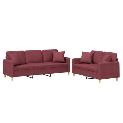 Set di Divani 2 pz con Cuscini Rosso Vino in Tessuto