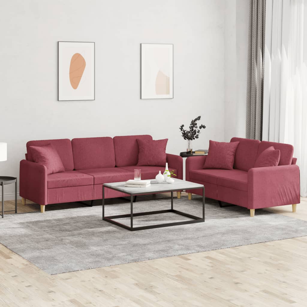 Set di Divani 2 pz con Cuscini Rosso Vino in Tessuto