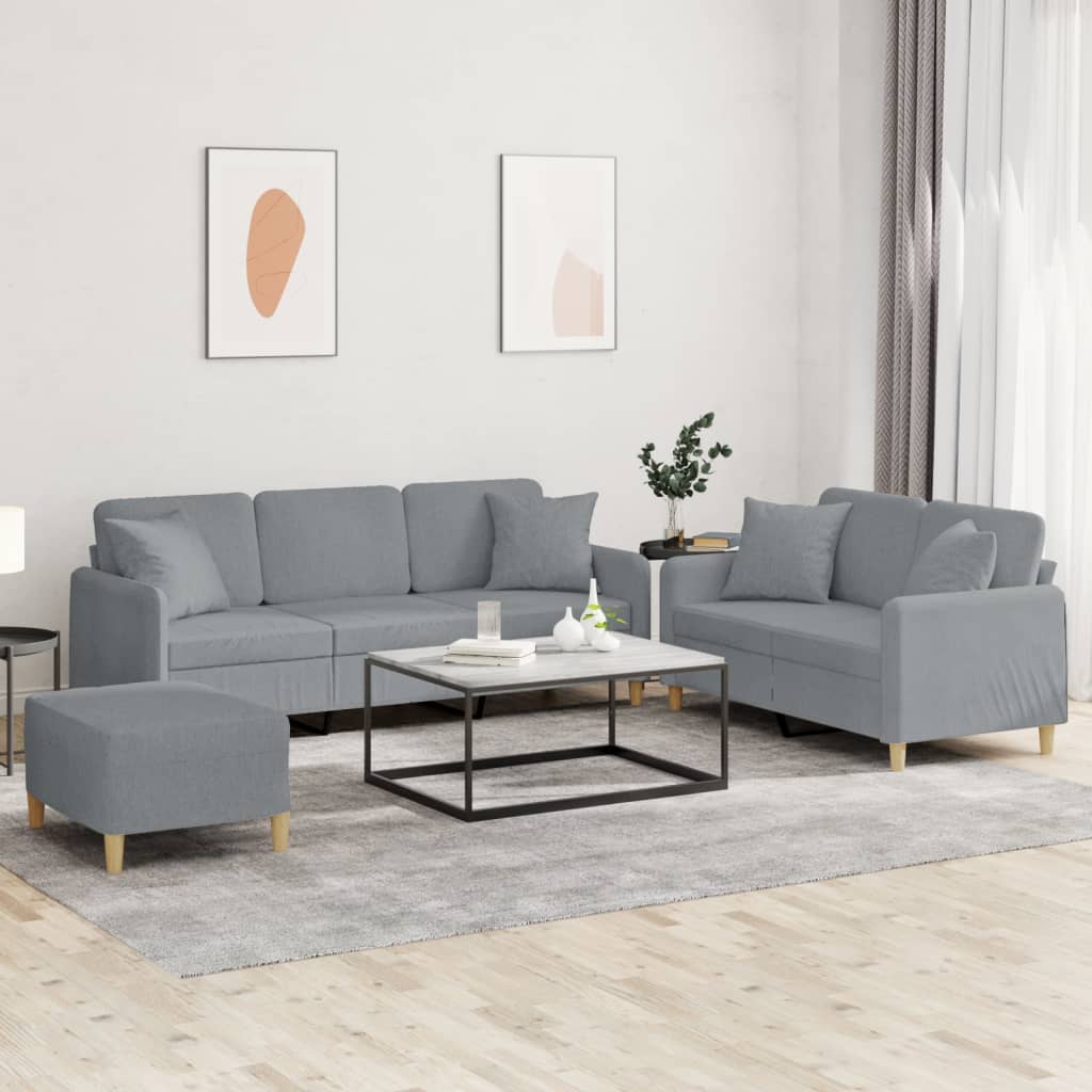 Set Divani 3 pz con Cuscini Grigio Chiaro in Tessuto