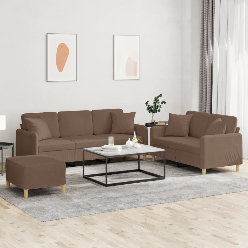 Set di Divani 3 pz con Cuscini Marrone in Tessuto