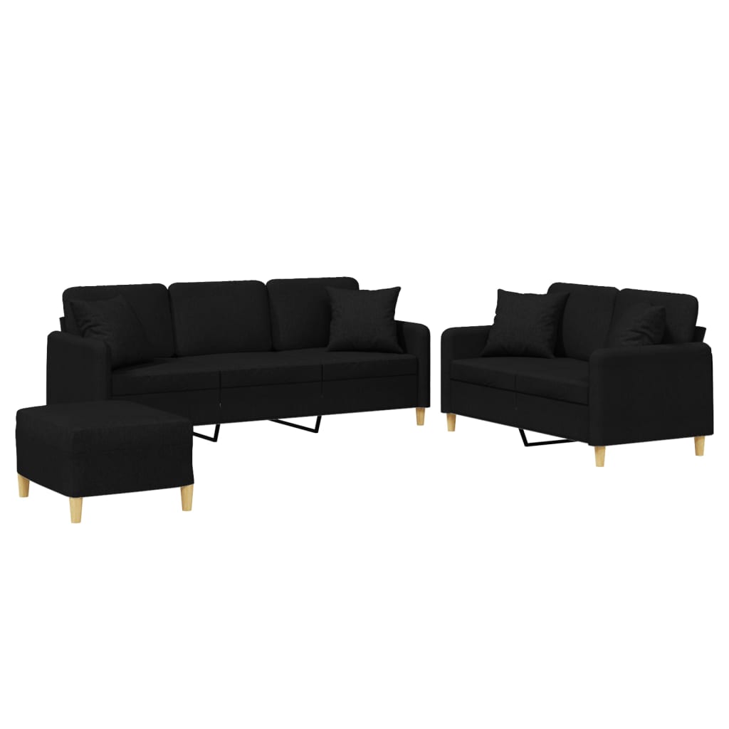 Set Divani 3 pz con Cuscini Nero in Tessuto