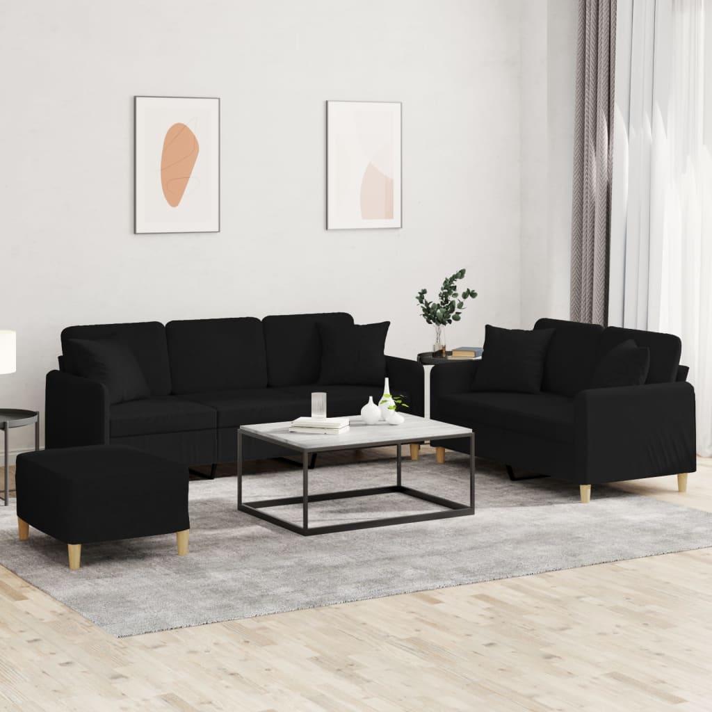 Set Divani 3 pz con Cuscini Nero in Tessuto