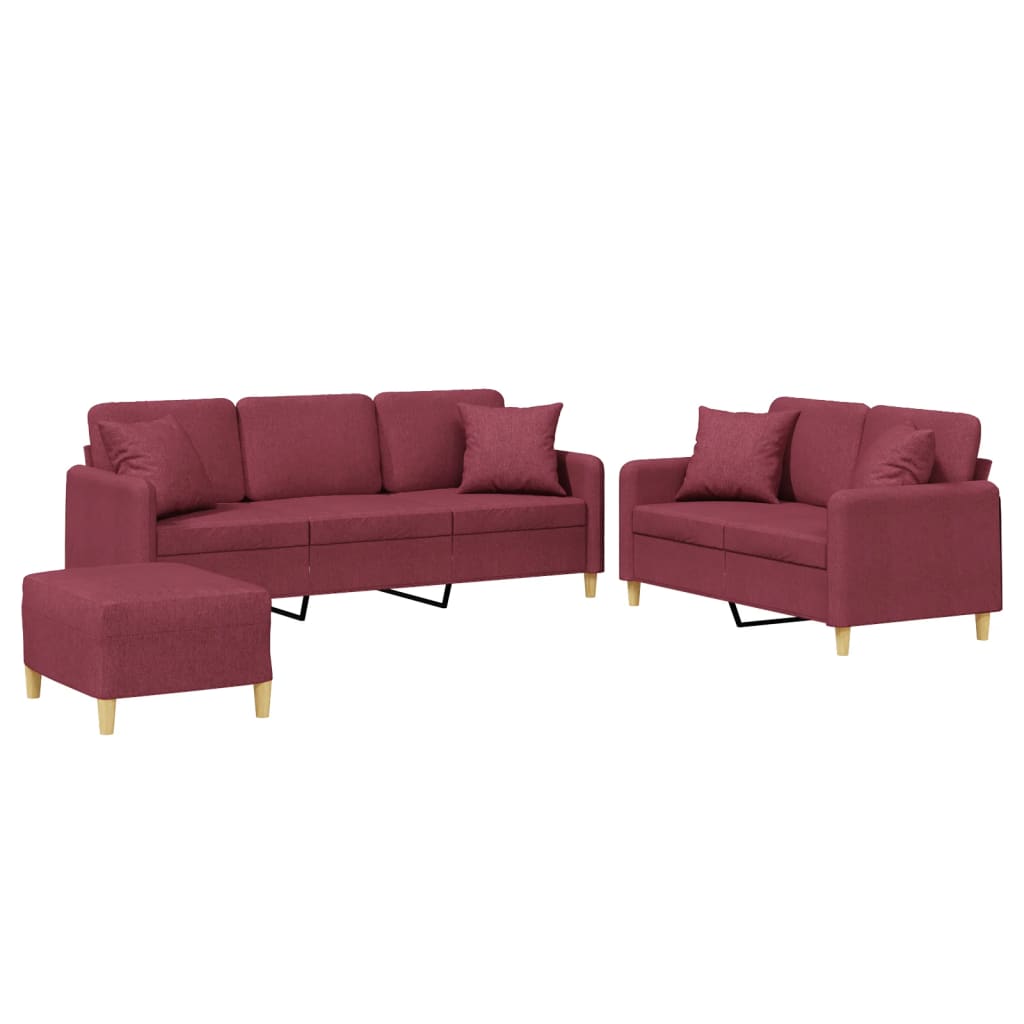 Set di Divani 3 pz con Cuscini Rosso Vino in Tessuto