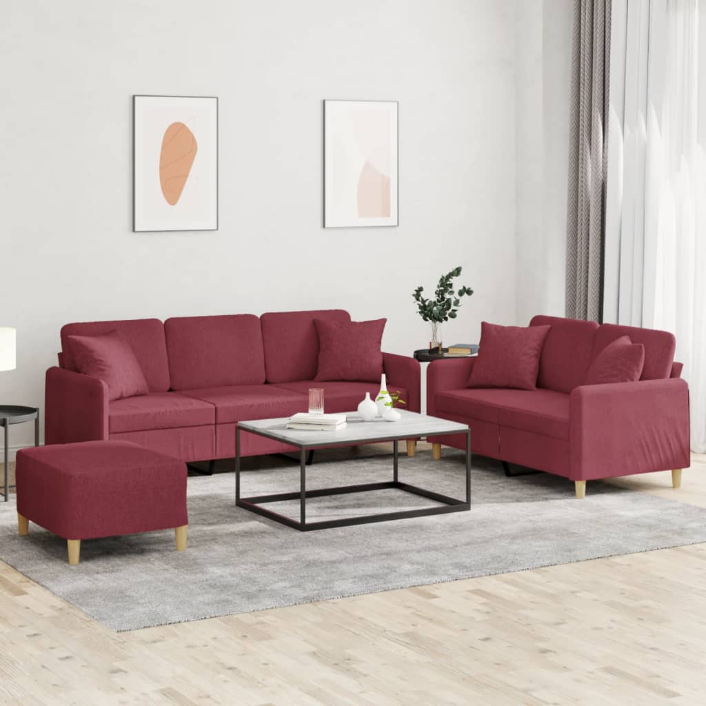 Set di Divani 3 pz con Cuscini Rosso Vino in Tessuto