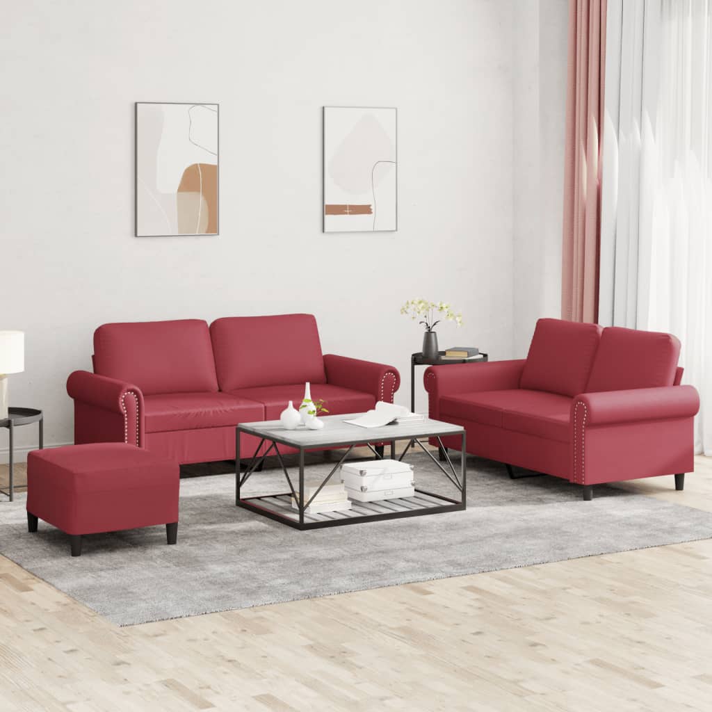 Set di Divani 3 pz con Cuscini Rosso Vino in Similpelle