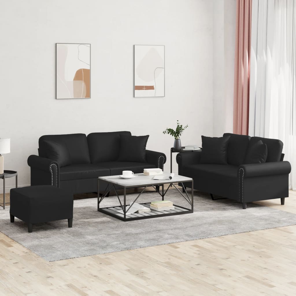 Set di Divani 3 pz con Cuscini Nero in Similpelle