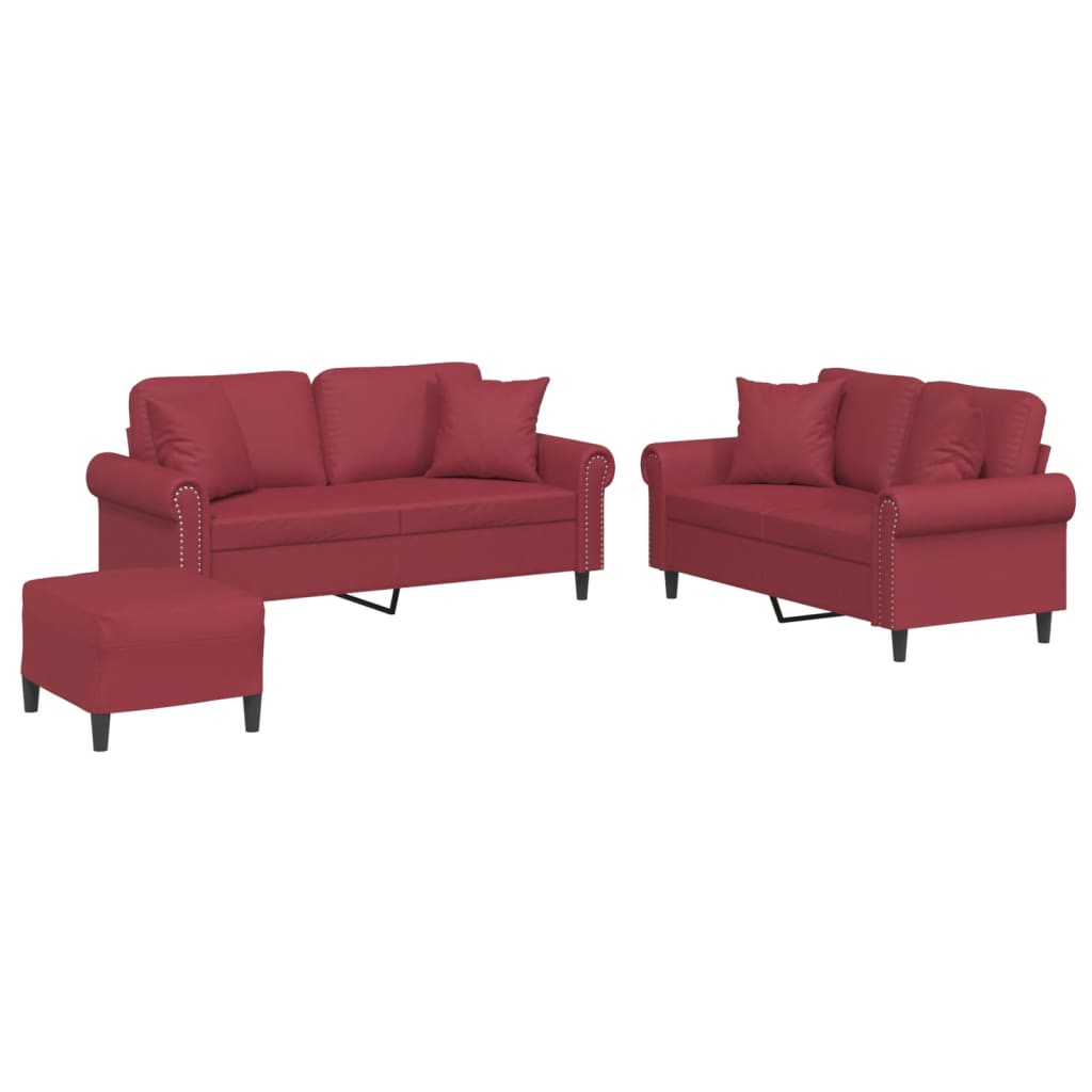 Set di Divani 3 pz con Cuscini Rosso Vino in Similpelle