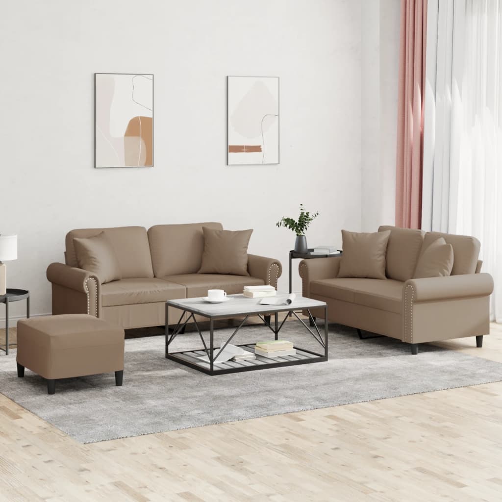 Set di Divani 3 pz con Cuscini Cappuccino in Similpelle