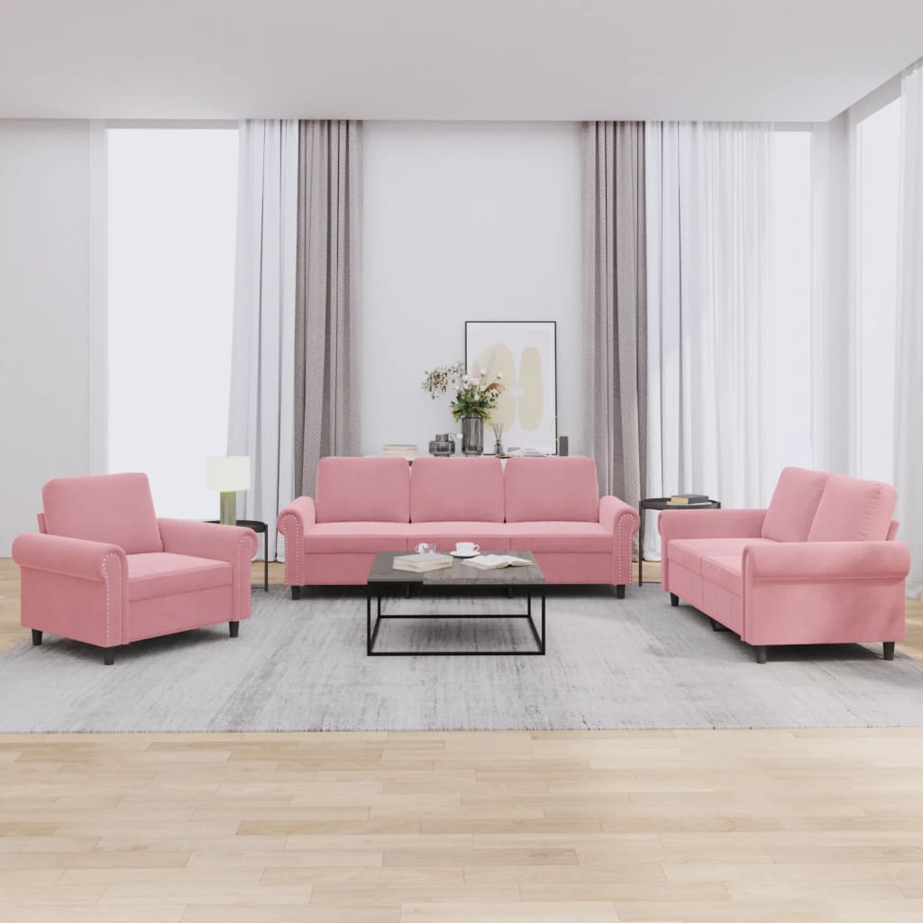 Set di Divani 3 pz con Cuscini rosa in Velluto