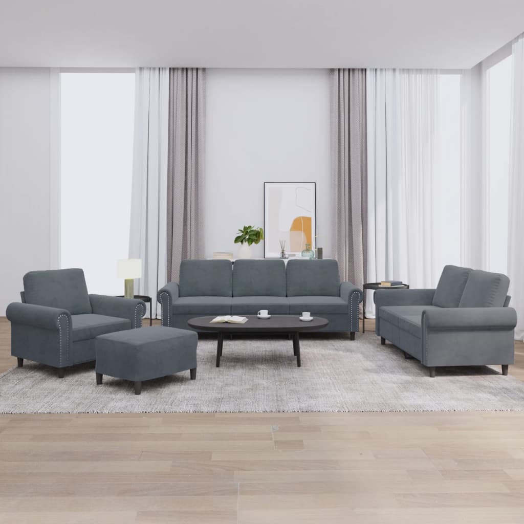 Set di Divani 4 pz con Cuscini Grigio Scuro in Velluto
