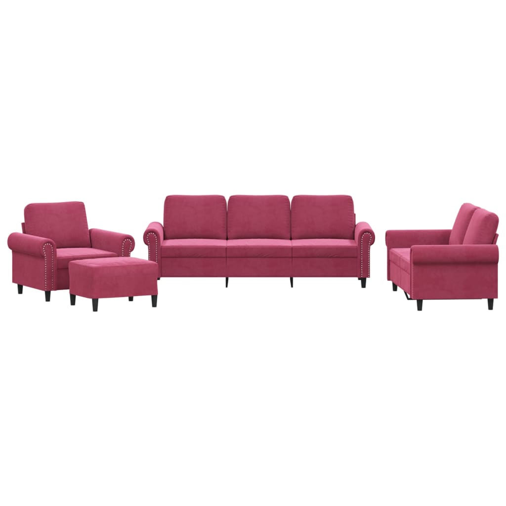 Set di Divani 4 pz con Cuscini Rosso Vino in Velluto