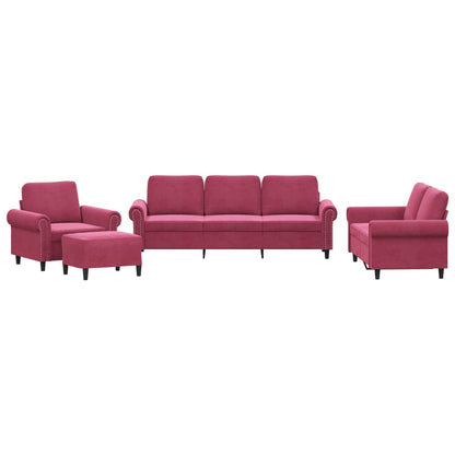 Set di Divani 4 pz con Cuscini Rosso Vino in Velluto