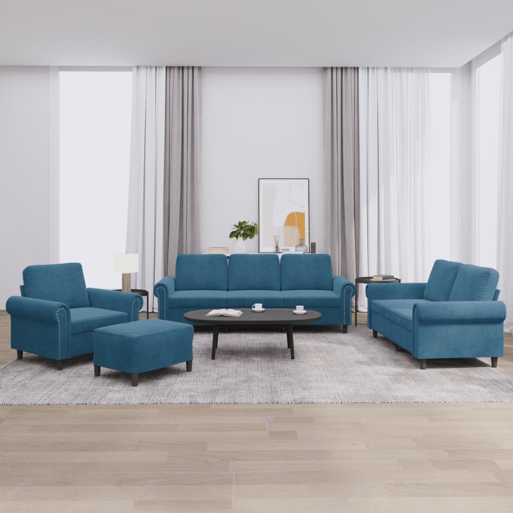 Set di Divani 4 pz con Cuscini Blu in Velluto