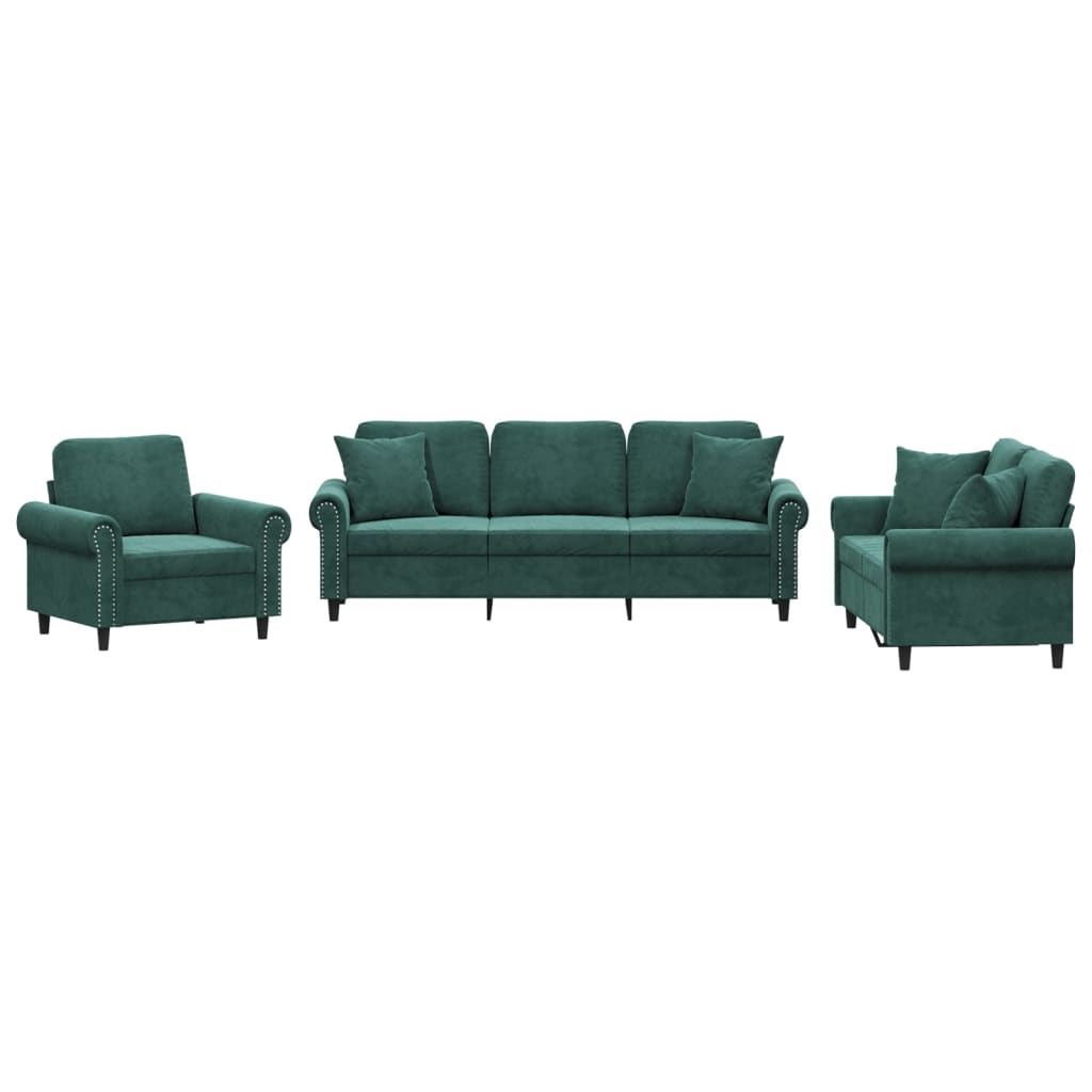 Set di Divani 3 pz con Cuscini Verde scuro in Velluto