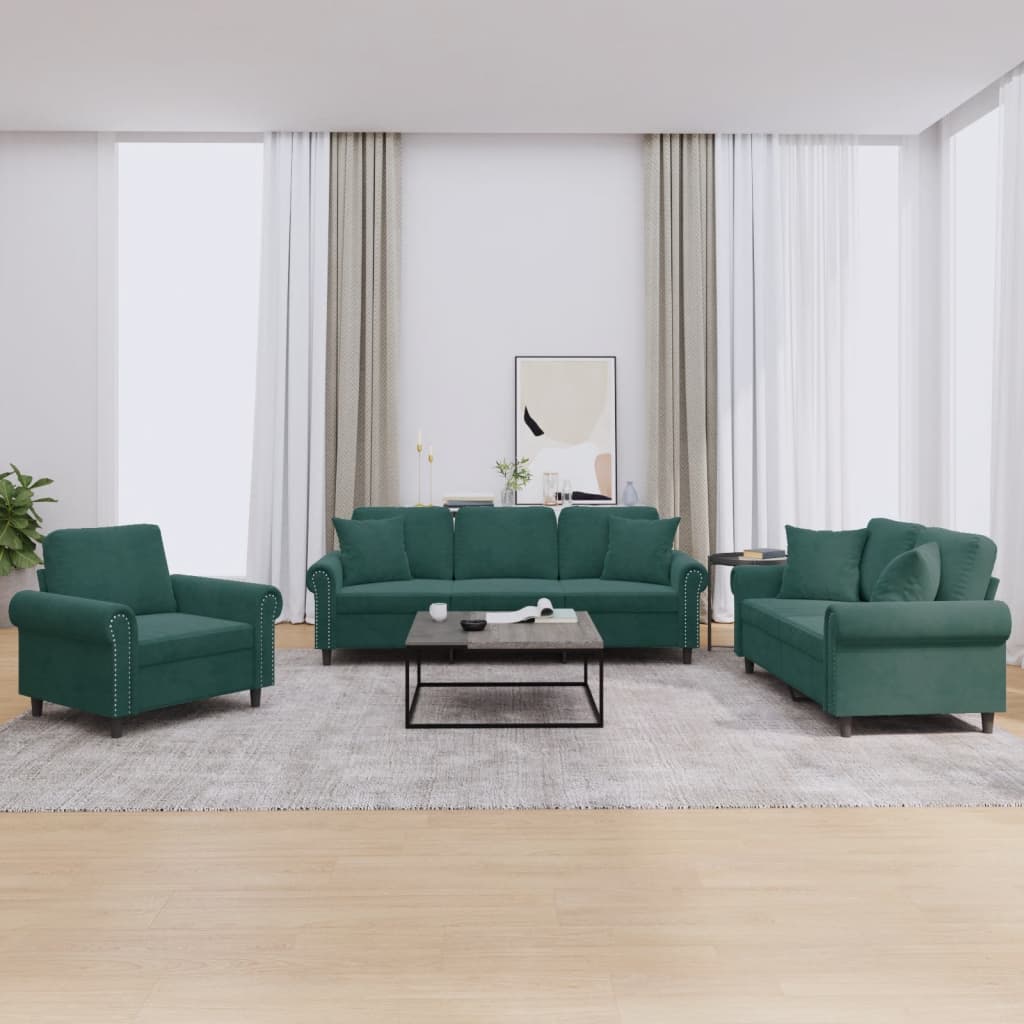 Set di Divani 3 pz con Cuscini Verde scuro in Velluto