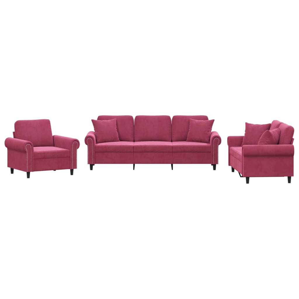 Set di Divani 3 pz con Cuscini Rosso Vino in Velluto