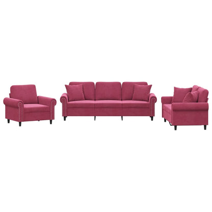 Set di Divani 3 pz con Cuscini Rosso Vino in Velluto