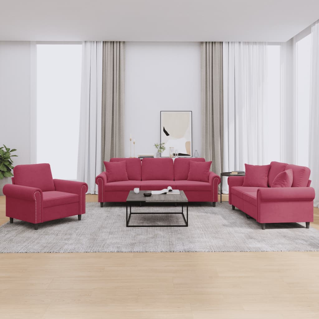 Set di Divani 3 pz con Cuscini Rosso Vino in Velluto