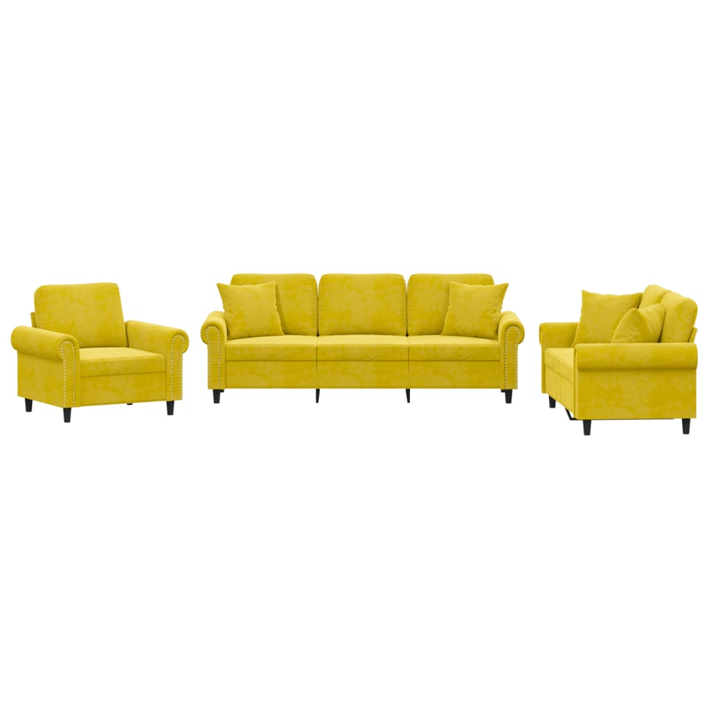 Set di Divani 3 pz con Cuscini giallo in Velluto