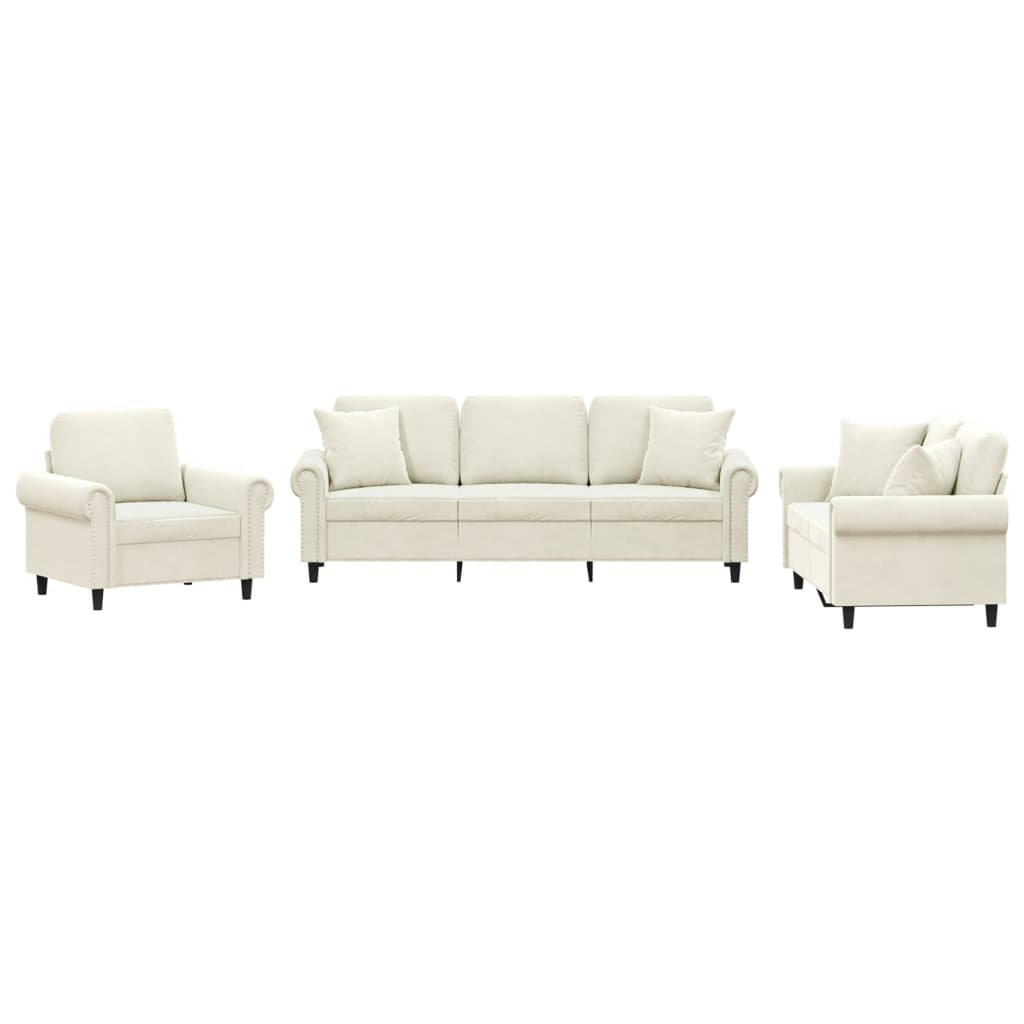 Set di Divani 3 pz con Cuscini Crema in Velluto
