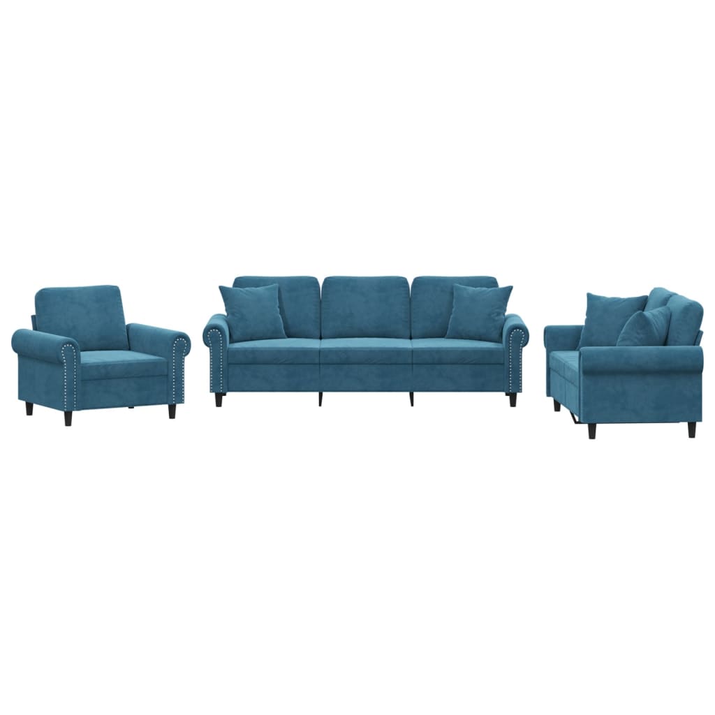 Set di Divani 3 pz con Cuscini Blu in Velluto