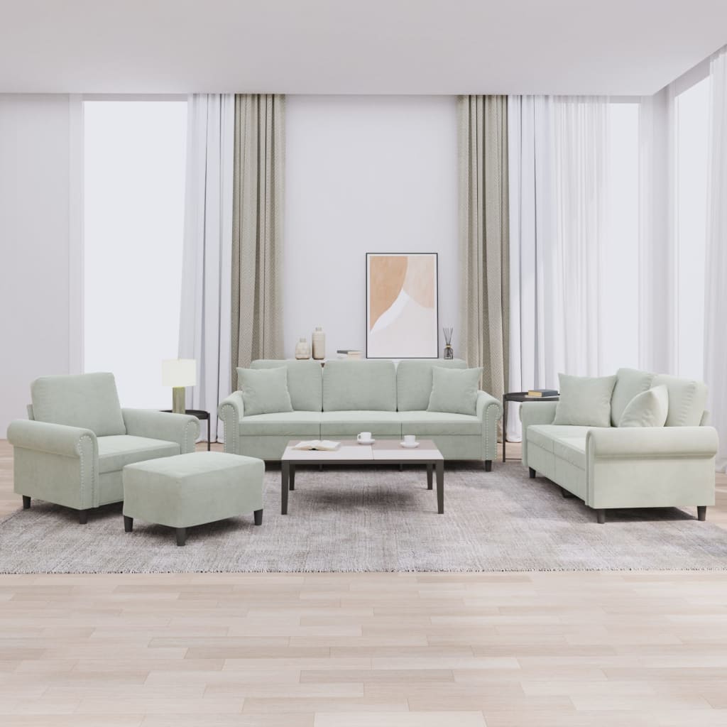 Set di Divani 4 pz con Cuscini Grigio Chiaro in Velluto