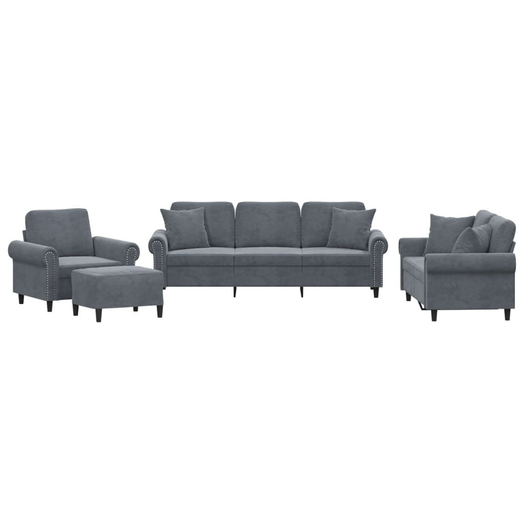 Set di Divani 4 pz con Cuscini Grigio Scuro in Velluto