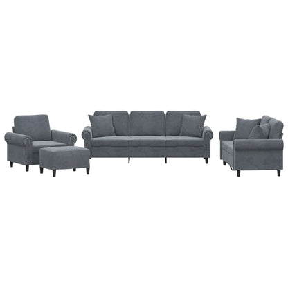 Set di Divani 4 pz con Cuscini Grigio Scuro in Velluto