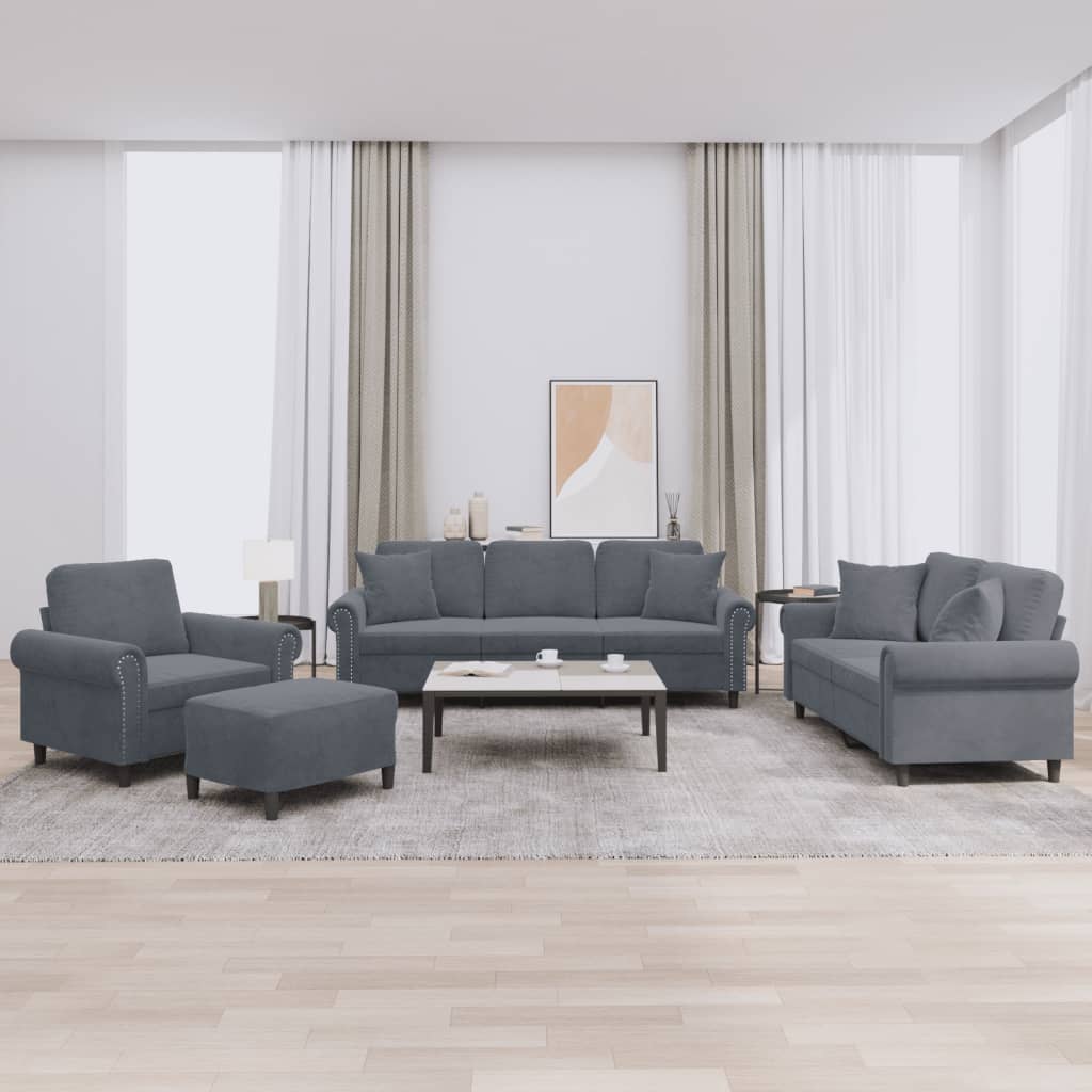 Set di Divani 4 pz con Cuscini Grigio Scuro in Velluto