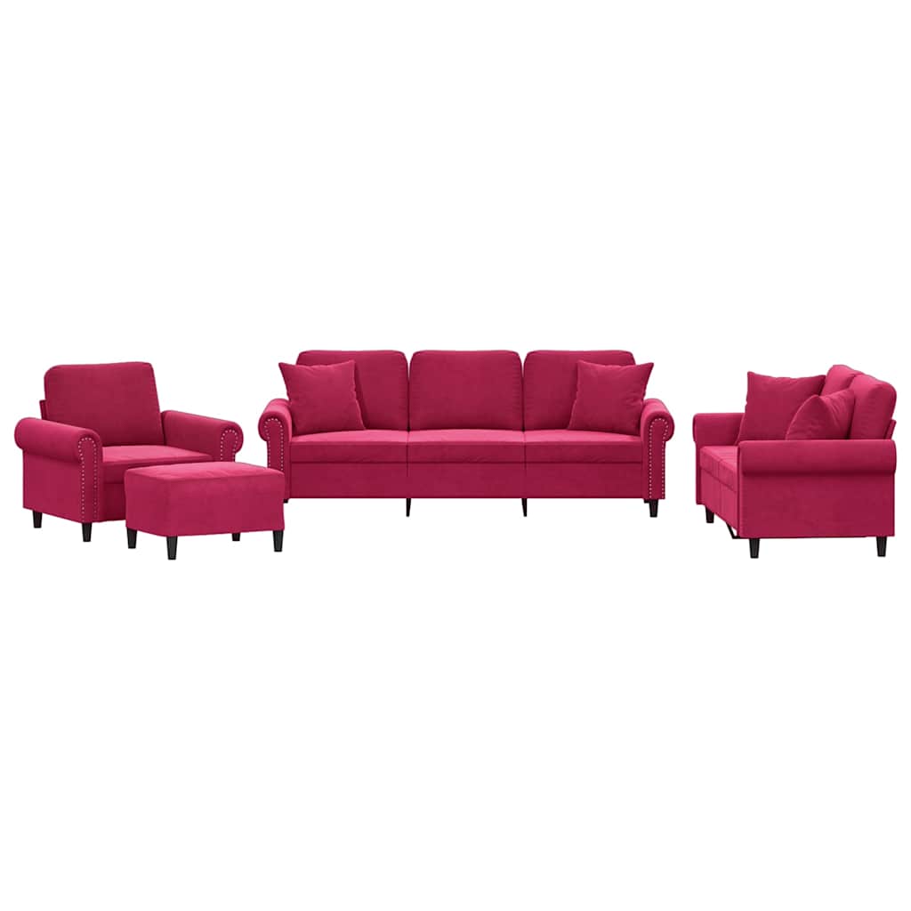Set di Divani 4 pz con Cuscini Rosso Vino in Velluto
