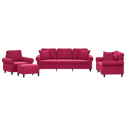 Set di Divani 4 pz con Cuscini Rosso Vino in Velluto