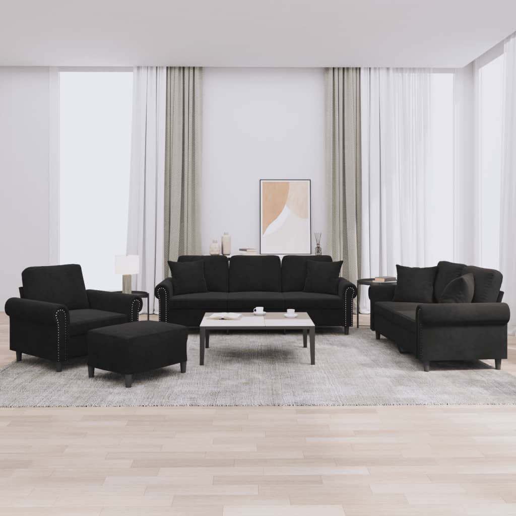 Set di Divani 4 pz con Cuscini Nero in Velluto