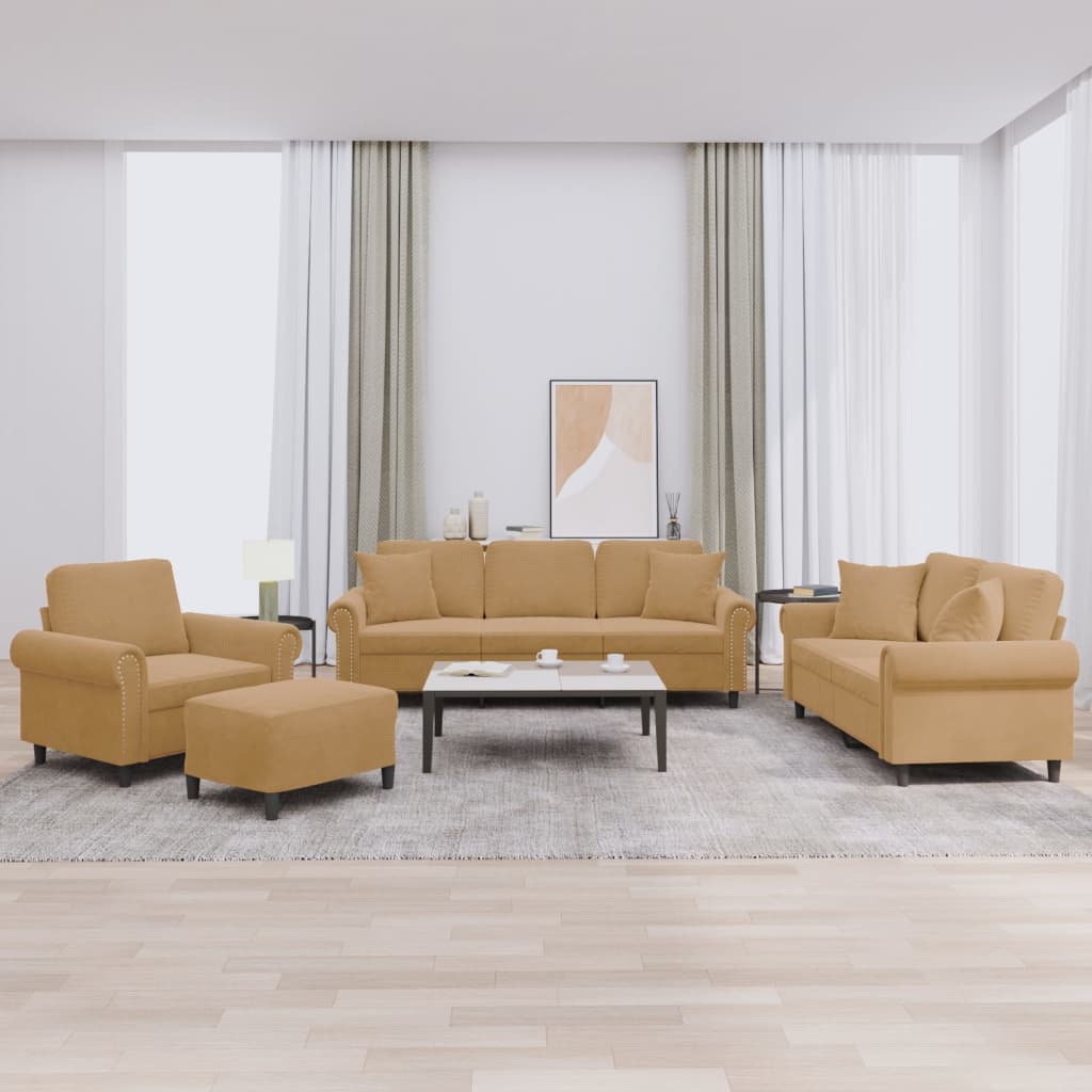 Set di Divani 4 pz con Cuscini Marrone in Velluto