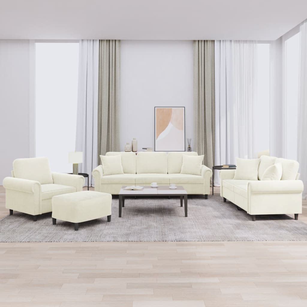 Set di Divani 4 pz con Cuscini Crema in Velluto