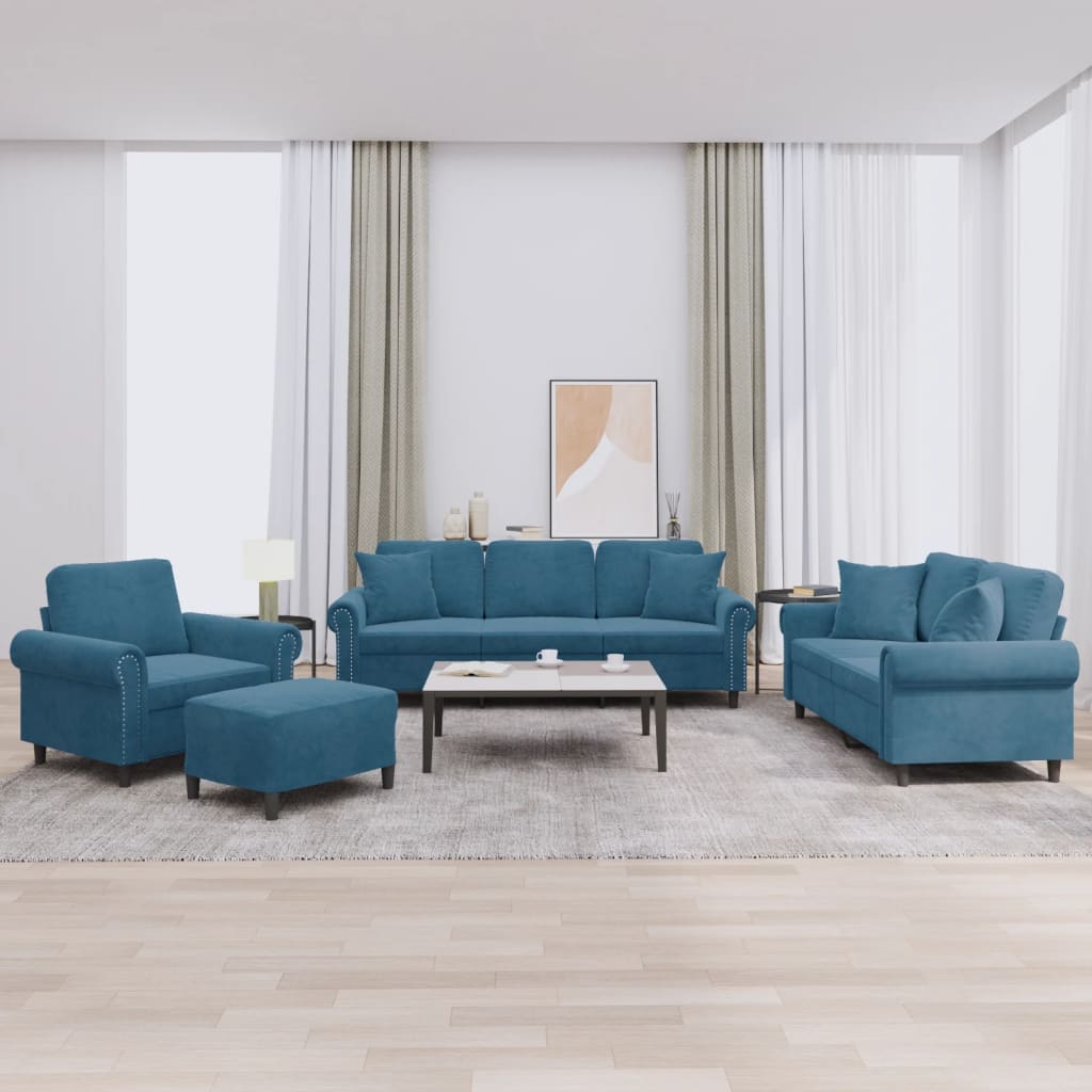 Set di Divani 4 pz con Cuscini Blu in Velluto