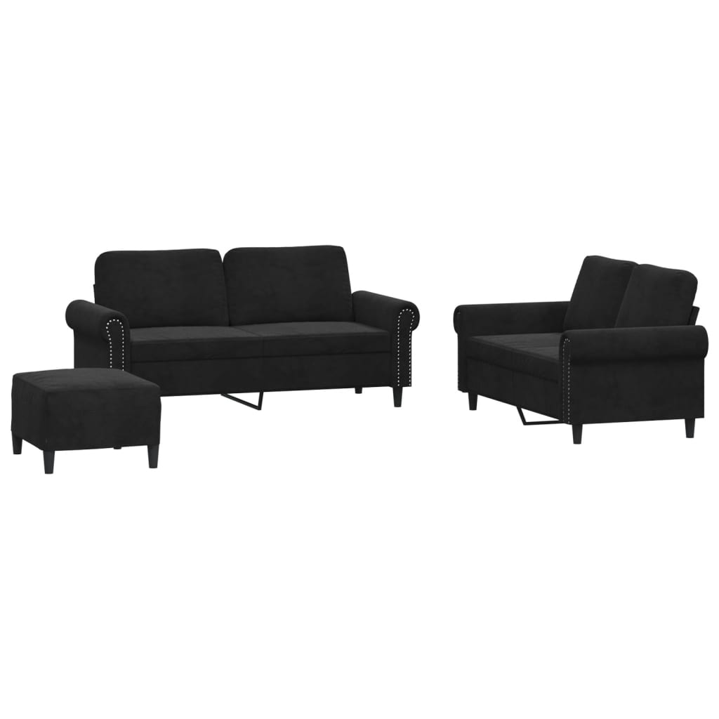 Set di Divani 3 pz con Cuscini Nero in Velluto