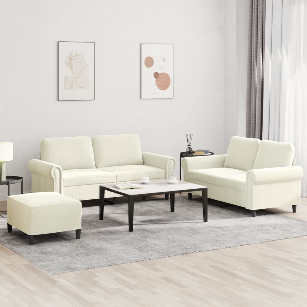 Set di Divani 3 pz con Cuscini Crema in Velluto