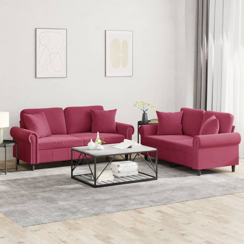 Set di Divani 2 pz con Cuscini Rosso Vino in Velluto