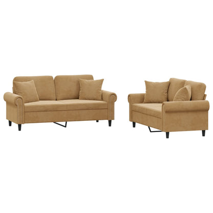 Set di Divani 2 pz con Cuscini Marrone in Velluto