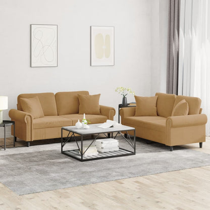 Set di Divani 2 pz con Cuscini Marrone in Velluto