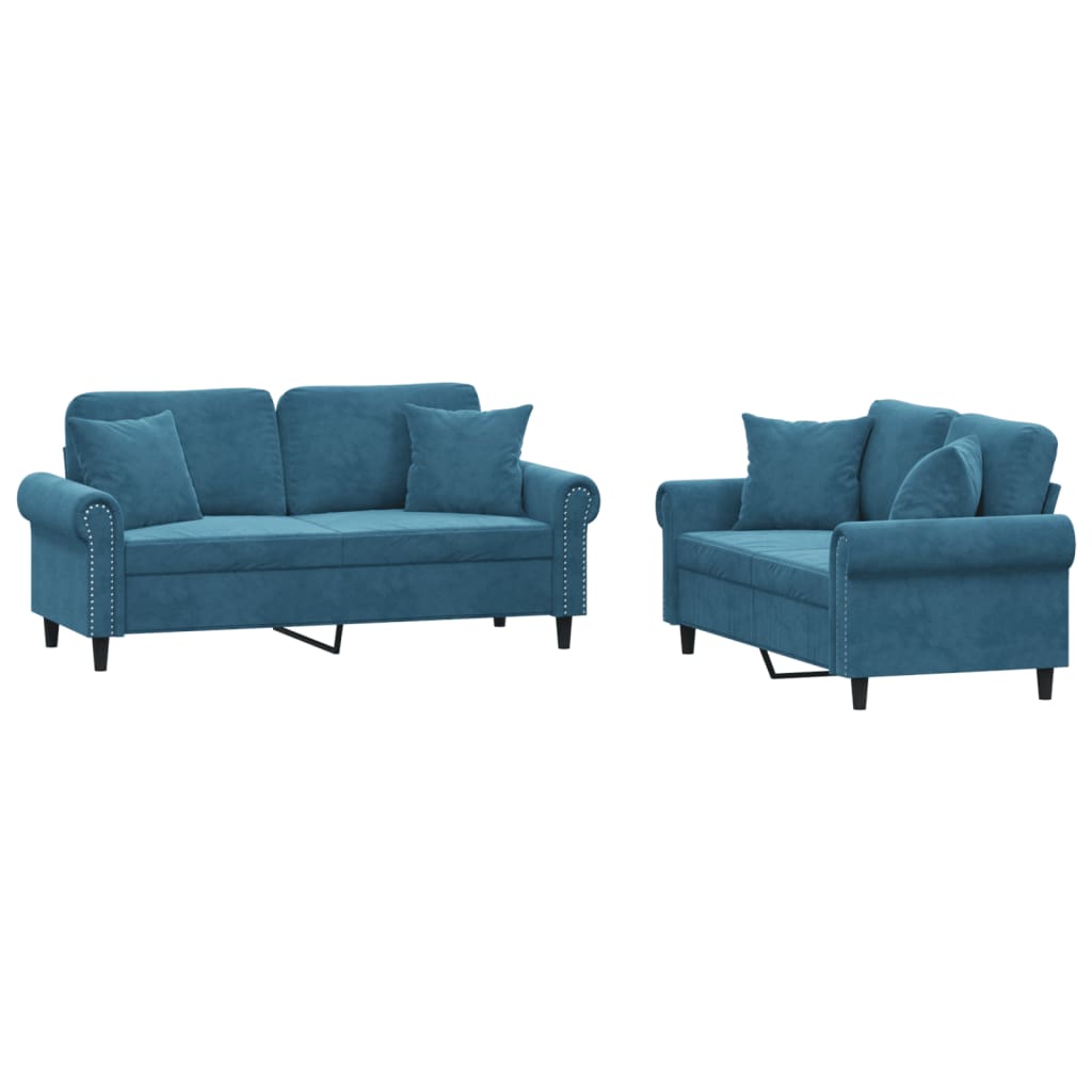 Set di Divani 2 pz con Cuscini Blu in Velluto