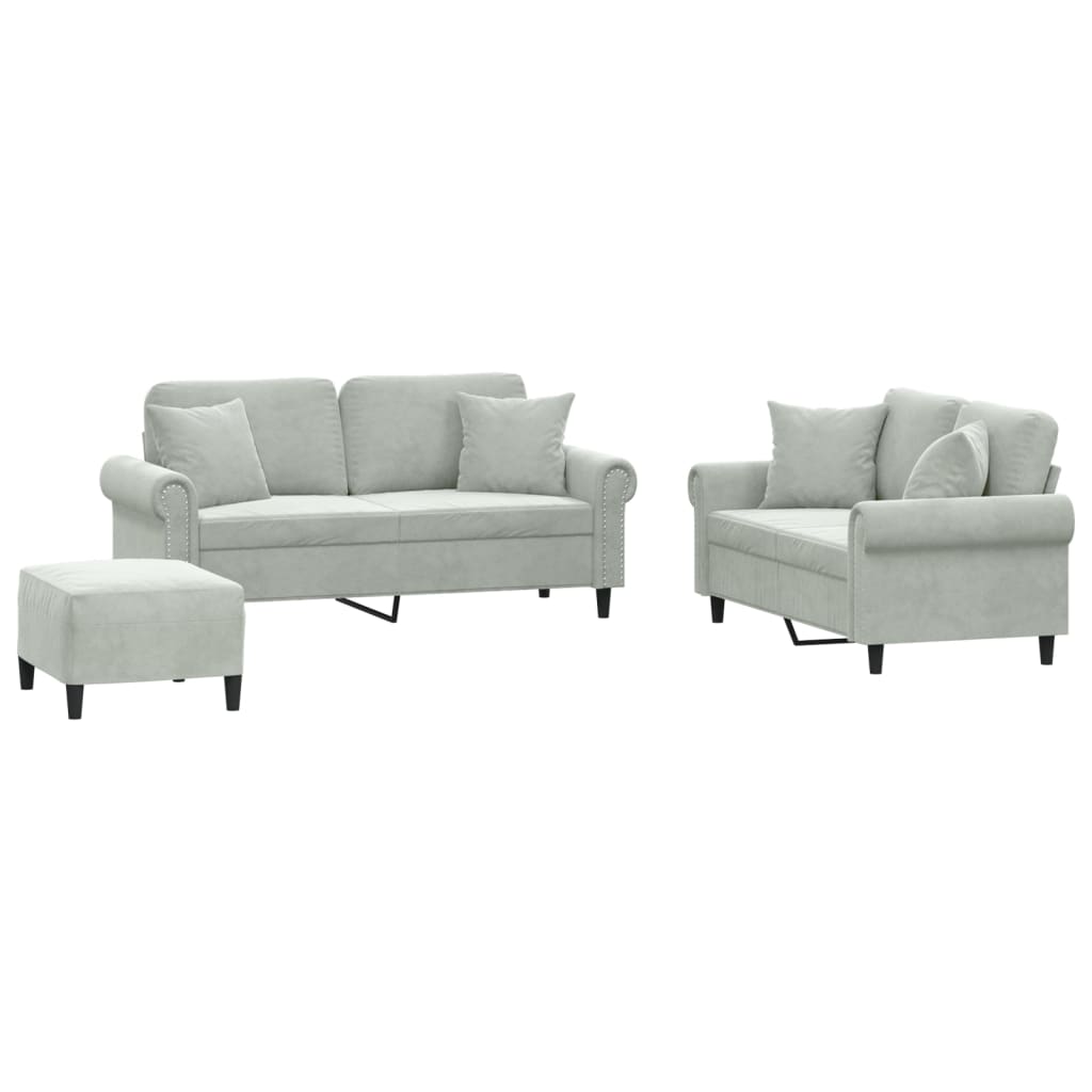Set di Divani 3 pz con Cuscini Grigio Chiaro in Velluto