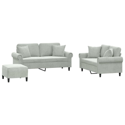 Set di Divani 3 pz con Cuscini Grigio Chiaro in Velluto